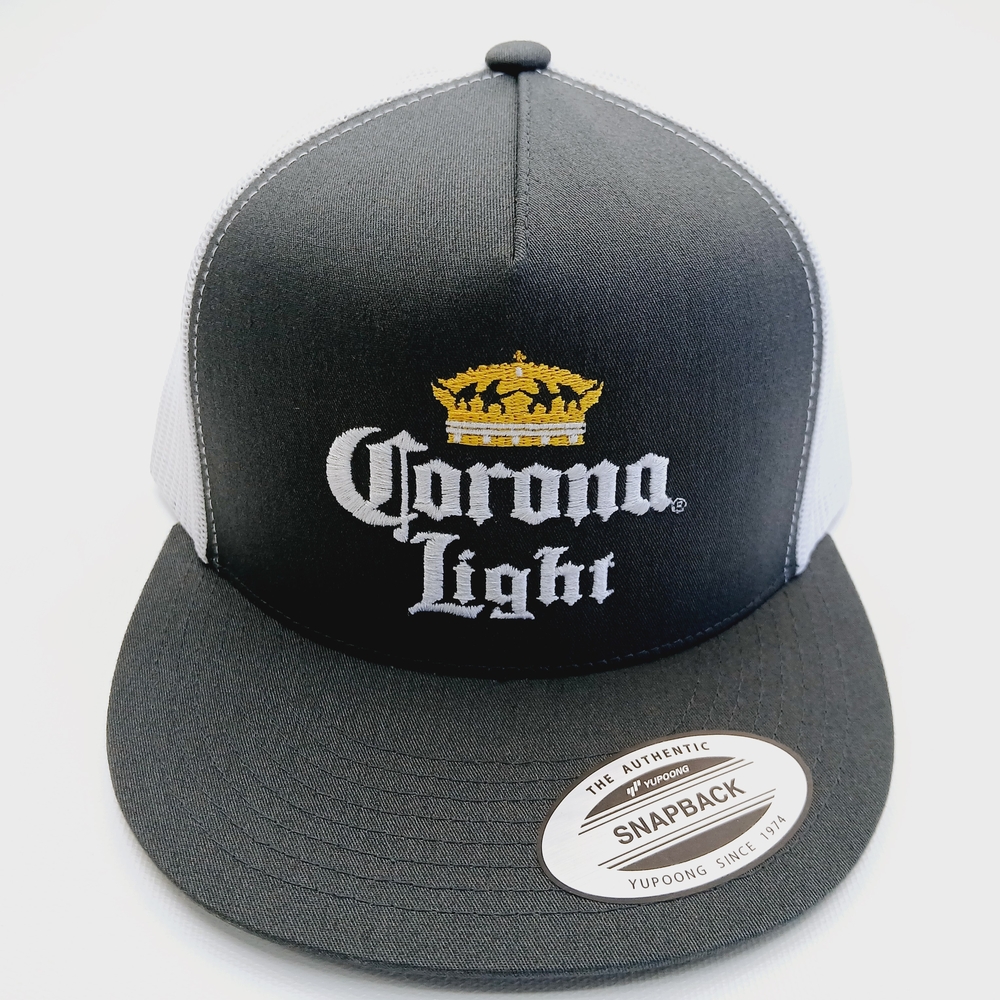 Gray And White Flatbill Mesh Snapback Corona Light Embroidered Hat